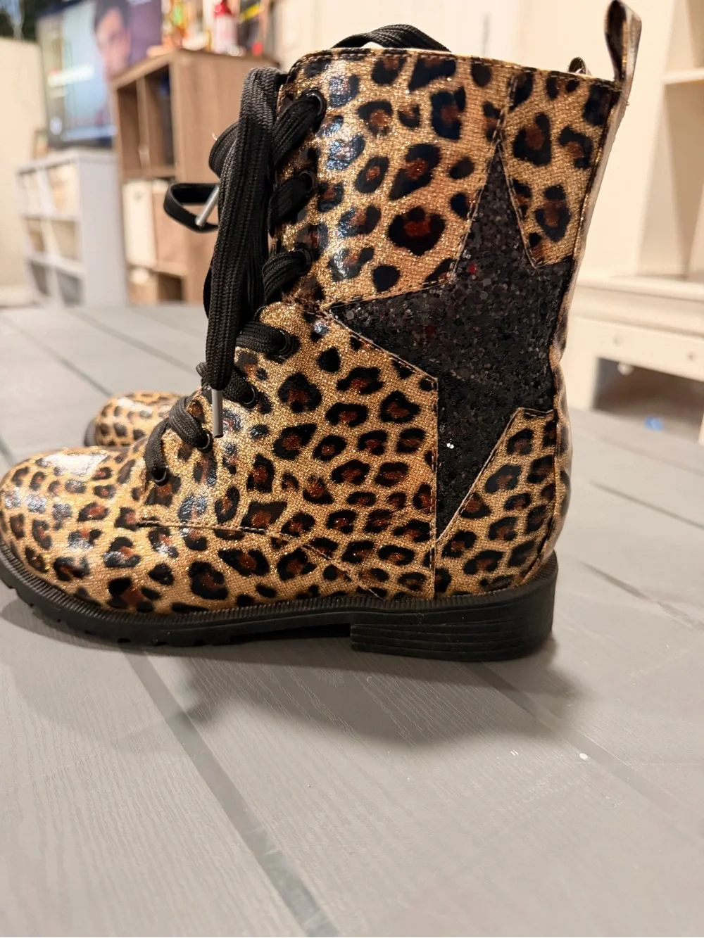 Girls Leopard Print Lace-Up Combat Boots with Black Glitter Star